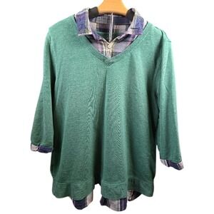 Sonoma Life Style Green V-Neck Layered Plaid Sweatshirt Top Womens XL 3/4 Sleeve
